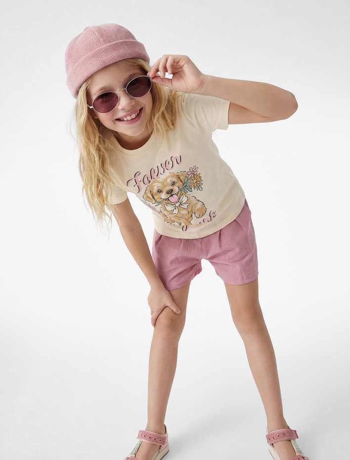 Kız Çocuk Pamuklu Uzun Kollu Bisiklet Yaka Köpek Baskılı Tişört