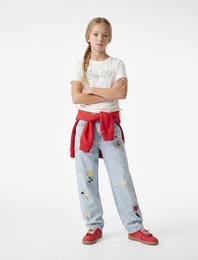 Pamuklu Büzgülü Kısa Kollu Bisiklet Yaka Taş Detaylı Tişört