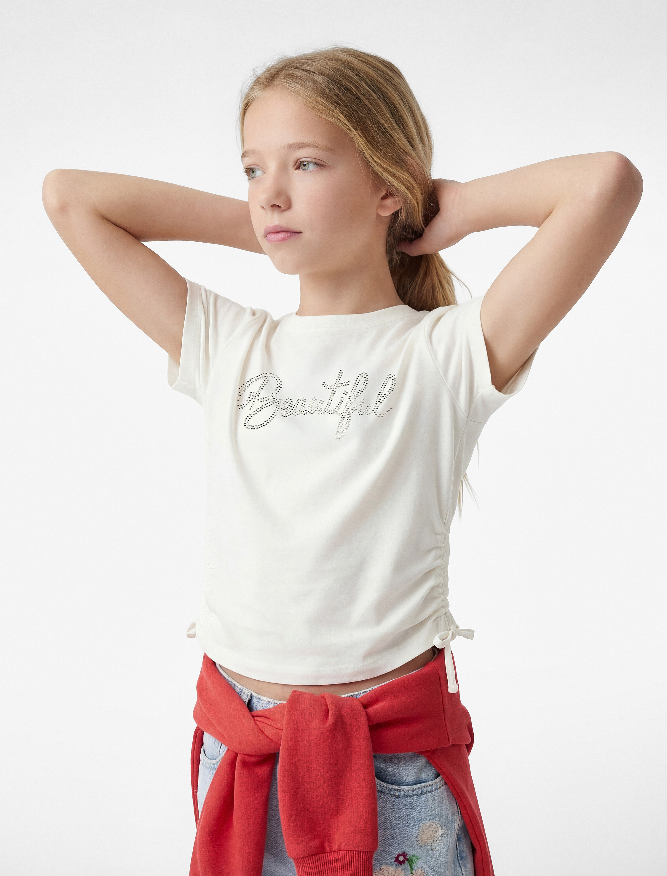  Kız Çocuk Pamuklu Büzgülü Kısa Kollu Bisiklet Yaka Taş Detaylı Tişört