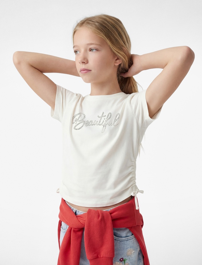 Kız Çocuk Pamuklu Büzgülü Kısa Kollu Bisiklet Yaka Taş Detaylı Tişört