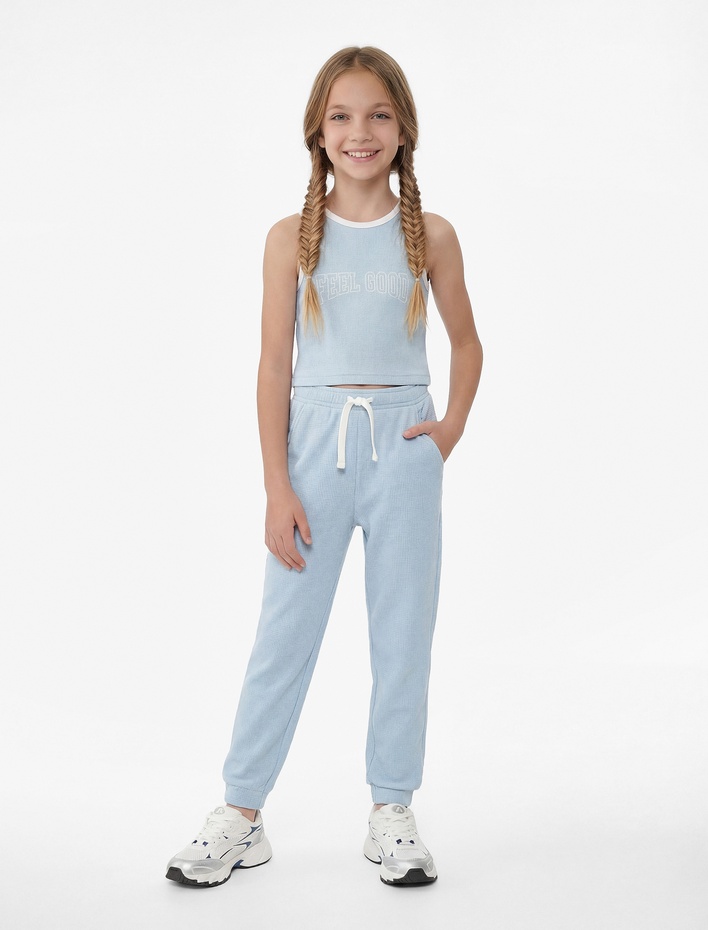 Kız Çocuk Pamuklu Bisiklet Yaka Atlet ve Eşofman Altı - 2'li Takım