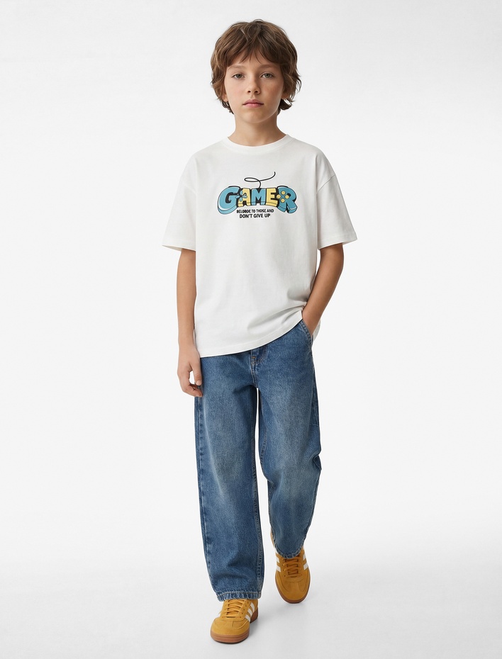 Erkek Çocuk Baskılı Kısa Kollu Bisiklet Yaka Pamuklu Tişört