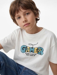 Baskılı Kısa Kollu Bisiklet Yaka Pamuklu Tişört