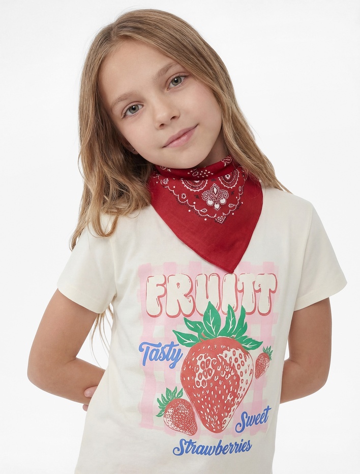 Kız Çocuk Çilek Baskılı Kısa Kollu Bisiklet Yaka Pamuklu Tişört