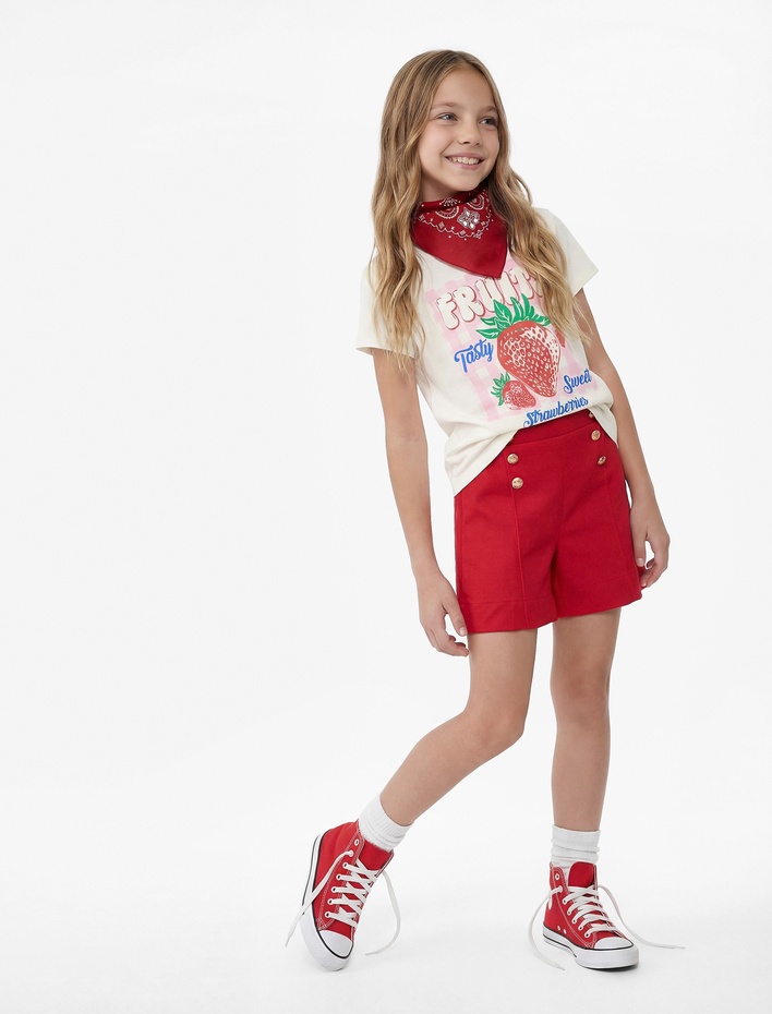 Kız Çocuk Çilek Baskılı Kısa Kollu Bisiklet Yaka Pamuklu Tişört