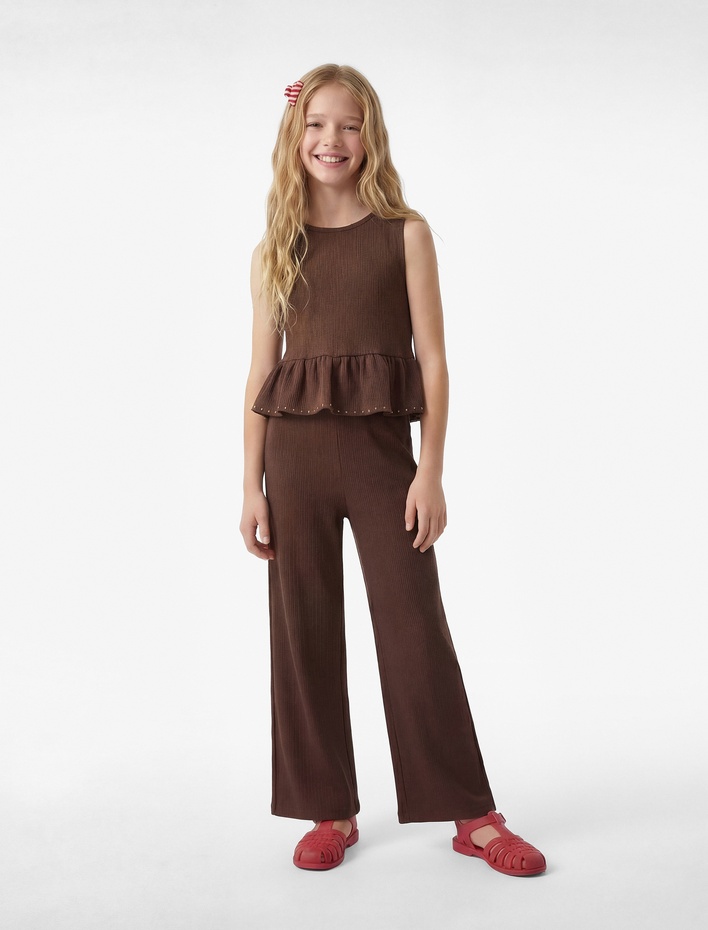 Kız Çocuk Kolsuz Bisiklet Yaka Fırfır Detaylı Uzun Tulum