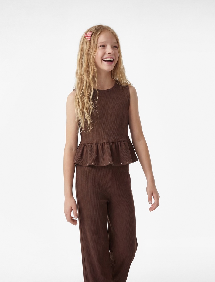 Kız Çocuk Kolsuz Bisiklet Yaka Fırfır Detaylı Uzun Tulum