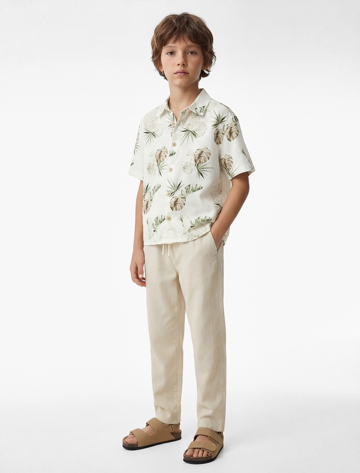 Erkek Çocuk Cepli Keten ve Pamuk Karışımlı Beli Bağcıklı Basic Pantolon