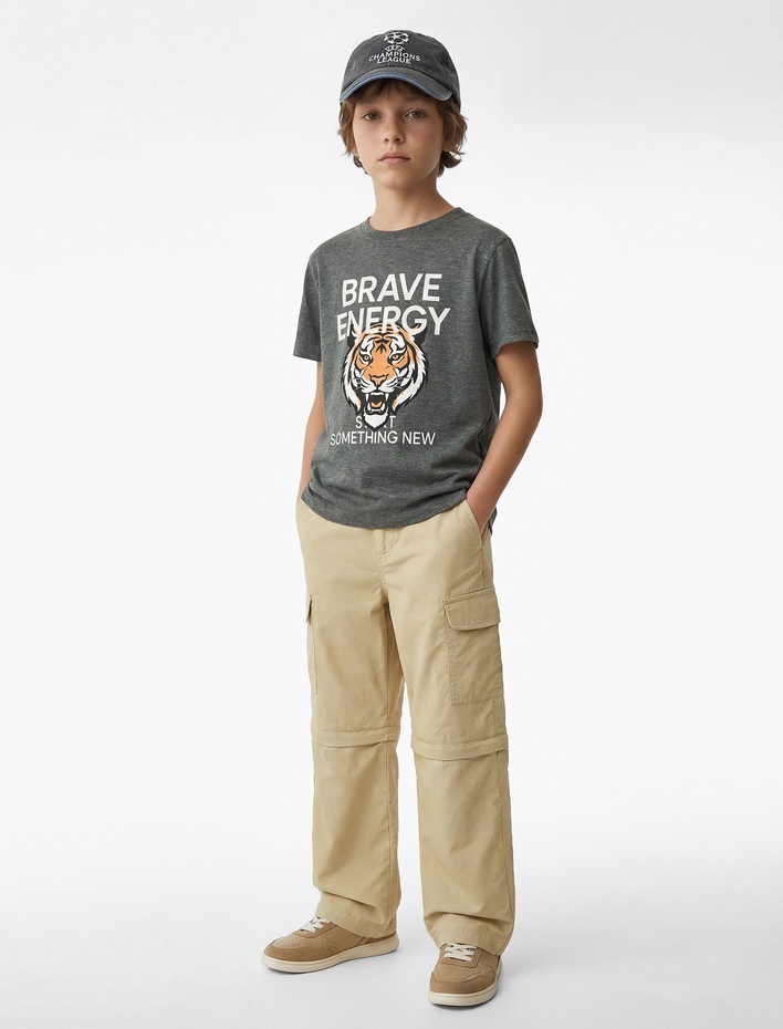 Erkek Çocuk Kısa Kollu Bisiklet Yaka Kaplan Baskılı Tişört