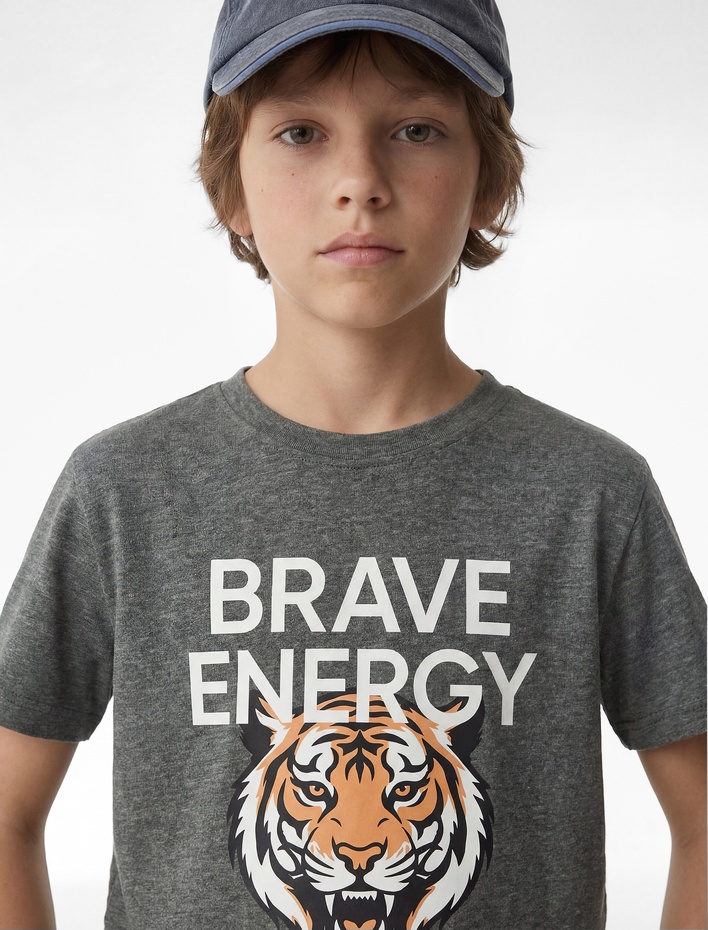 Erkek Çocuk Kısa Kollu Bisiklet Yaka Kaplan Baskılı Tişört