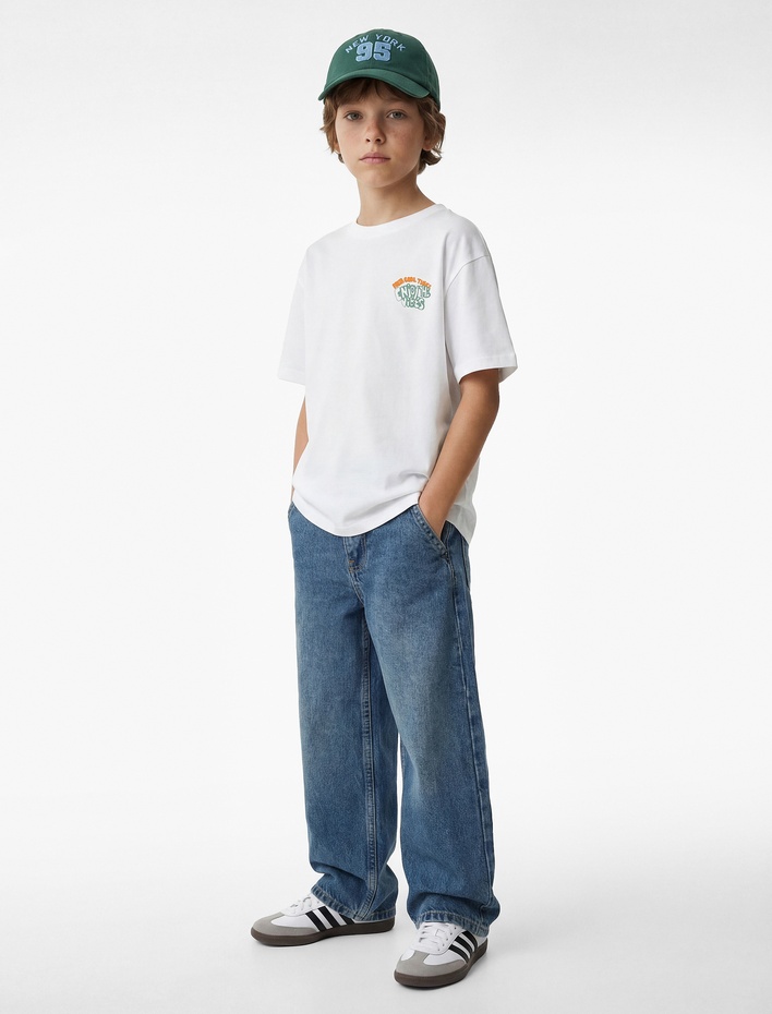 Erkek Çocuk Kısa Kollu Bisiklet Yaka Pamuklu Arkası Baskılı Tişört