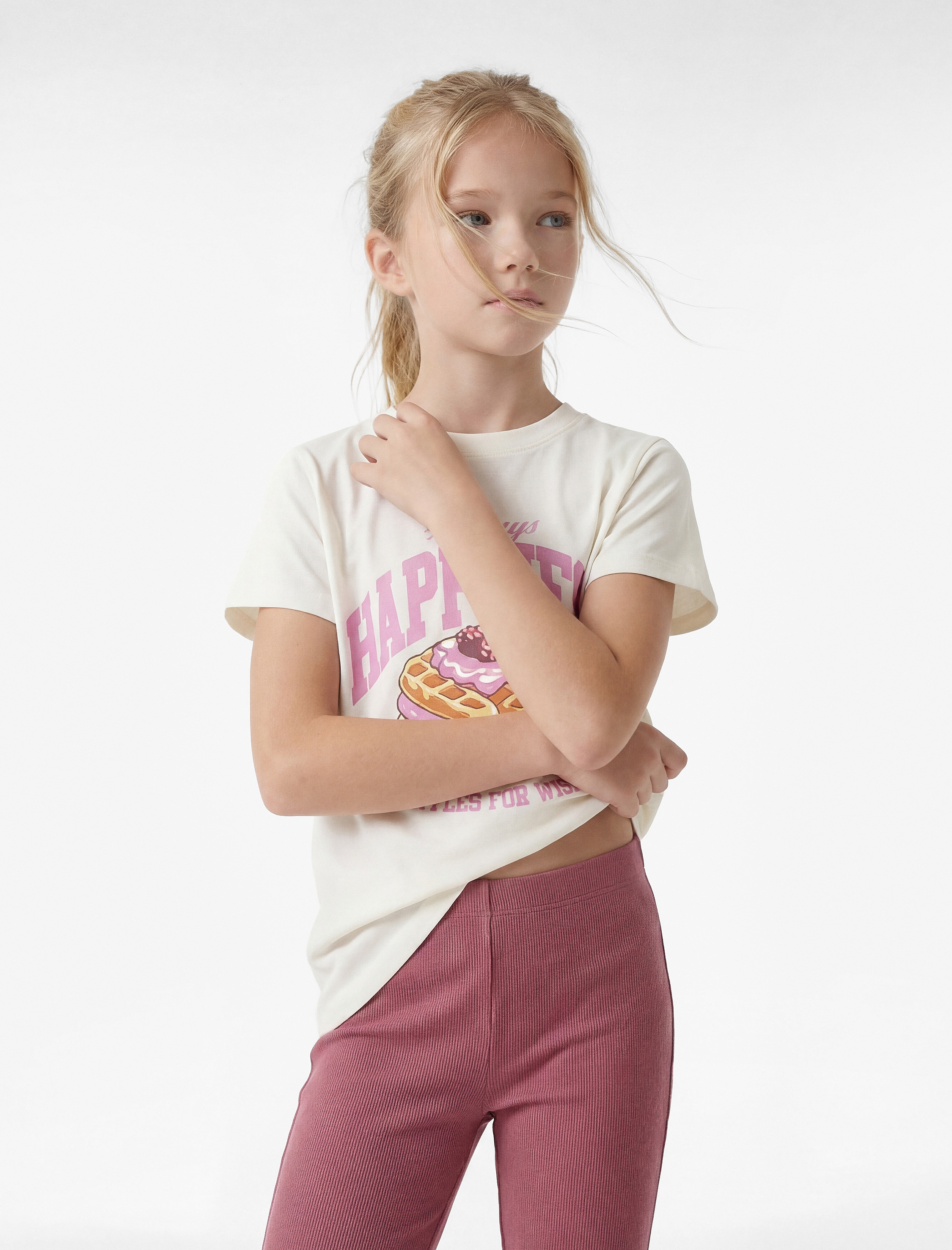  Kız Çocuk Pamuklu Kısa Kollu Bisiklet Yaka Baskılı Tişört