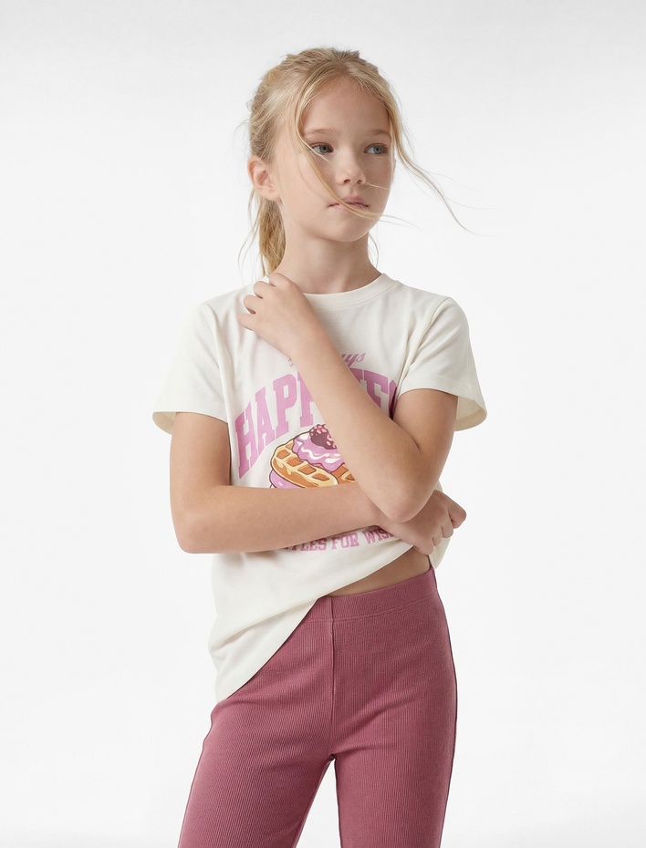 Kız Çocuk Pamuklu Kısa Kollu Bisiklet Yaka Baskılı Tişört