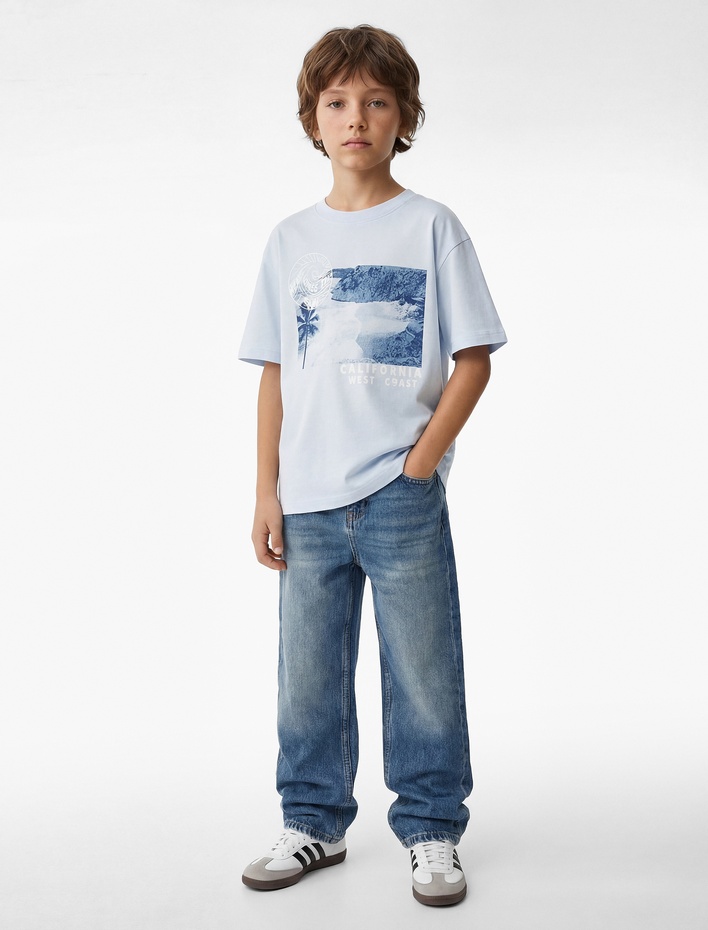 Erkek Çocuk Pamuklu Kısa Kollu Bisiklet Yaka Baskılı Tişört