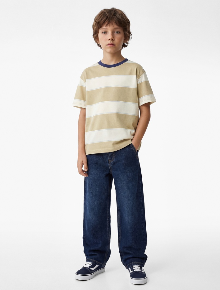 Erkek Çocuk Pamuklu Bisiklet Yaka Kısa Kollu Çizgili Tişört