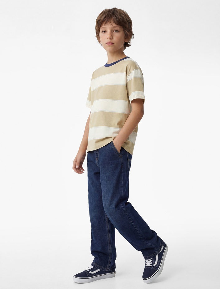 Erkek Çocuk Pamuklu Bisiklet Yaka Kısa Kollu Çizgili Tişört