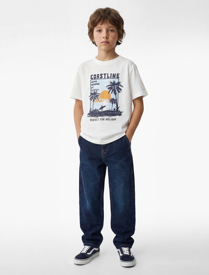 Erkek Çocuk Pamuklu Bisiklet Yaka Kısa Kollu Baskılı Tişört