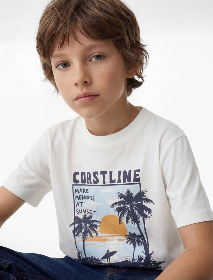 Erkek Çocuk Pamuklu Bisiklet Yaka Kısa Kollu Baskılı Tişört