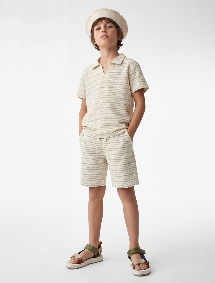 Erkek Çocuk Beli Bağcıklı Cepli Çizgili Bermuda Şort