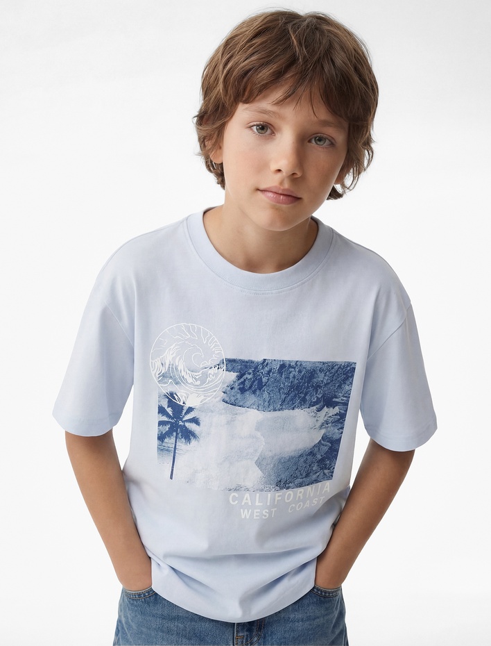 Erkek Çocuk Pamuklu Kısa Kollu Bisiklet Yaka Baskılı Tişört