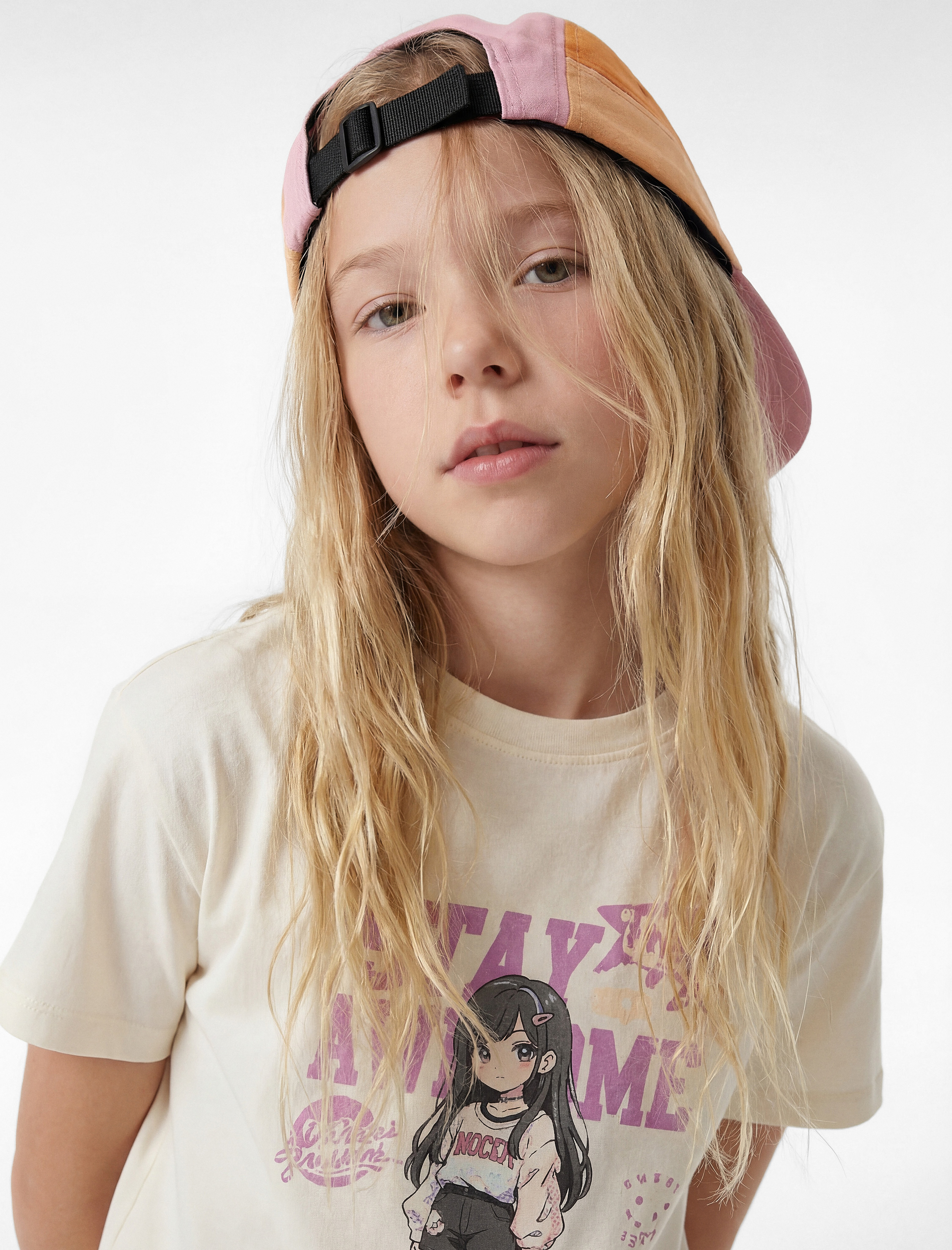  Kız Çocuk Bisiklet Yaka Kısa Kollu Pamuklu Baskılı Tişört