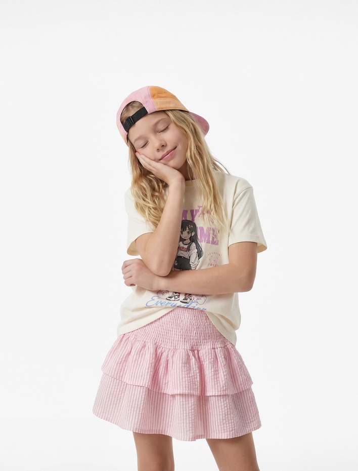 Kız Çocuk Bisiklet Yaka Kısa Kollu Pamuklu Baskılı Tişört