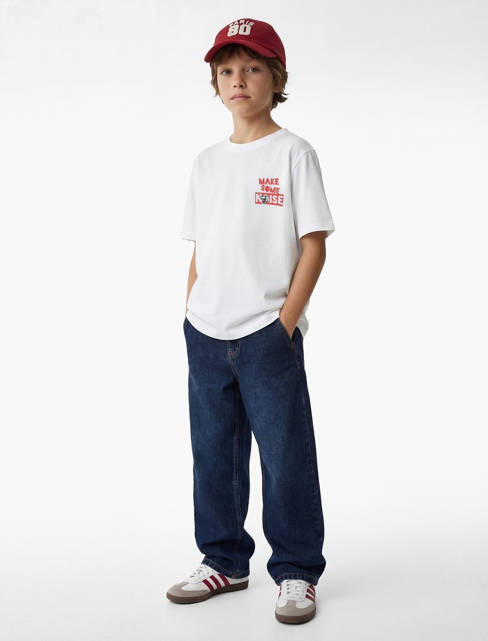 Erkek Çocuk Dinozor Baskı Detaylı Kısa Kollu Bisiklet Yaka Pamuklu Tişört