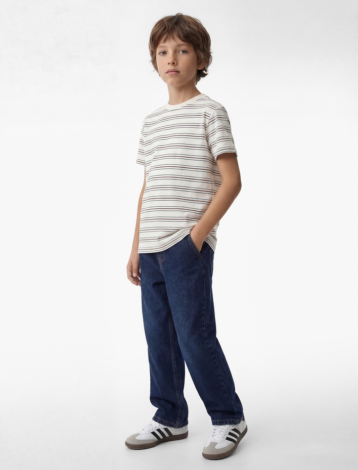 Erkek Çocuk Pamuklu Kısa Kollu Bisiklet Yaka Çizgili Tişört