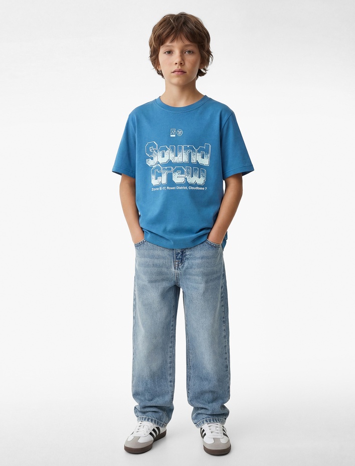 Erkek Çocuk Pamuklu Kısa Kollu Bisiklet Yaka Baskılı Tişört