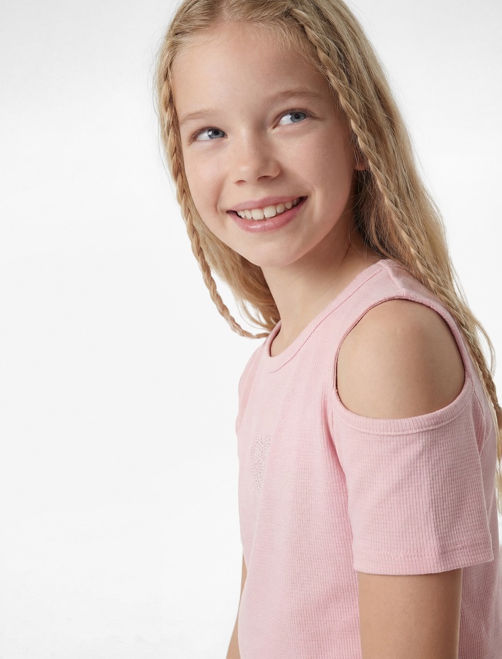 Kız Çocuk Bisiklet Yaka Kısa Kollu  Pencere Detaylı Kalp Baskılı Bluz