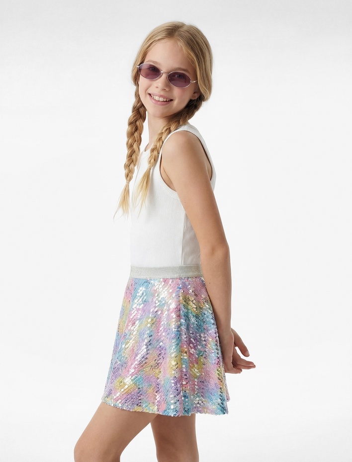 Kız Çocuk Beli Lastikli Pullu Payetli Kloş Mini Etek