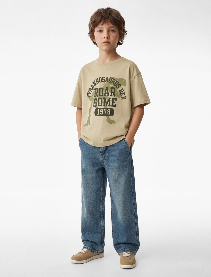 Koton Pamuklu Kısa Kollu Bisiklet Yaka Dinozor Baskılı T-Shirt