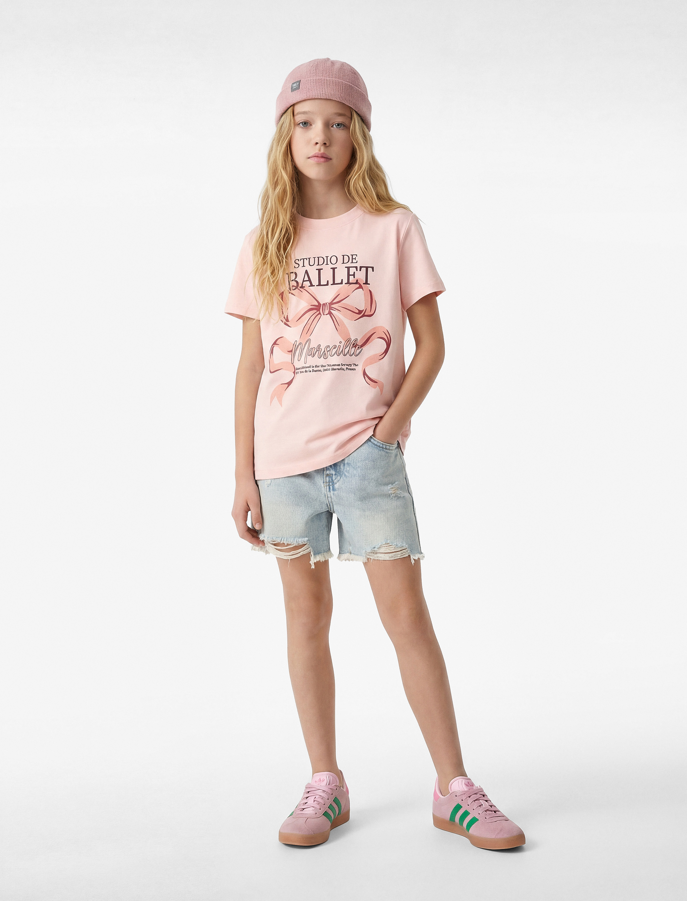  Kız Çocuk Pamuklu Kısa Kollu Bisiklet Yaka Fiyonk Baskılı Tişört