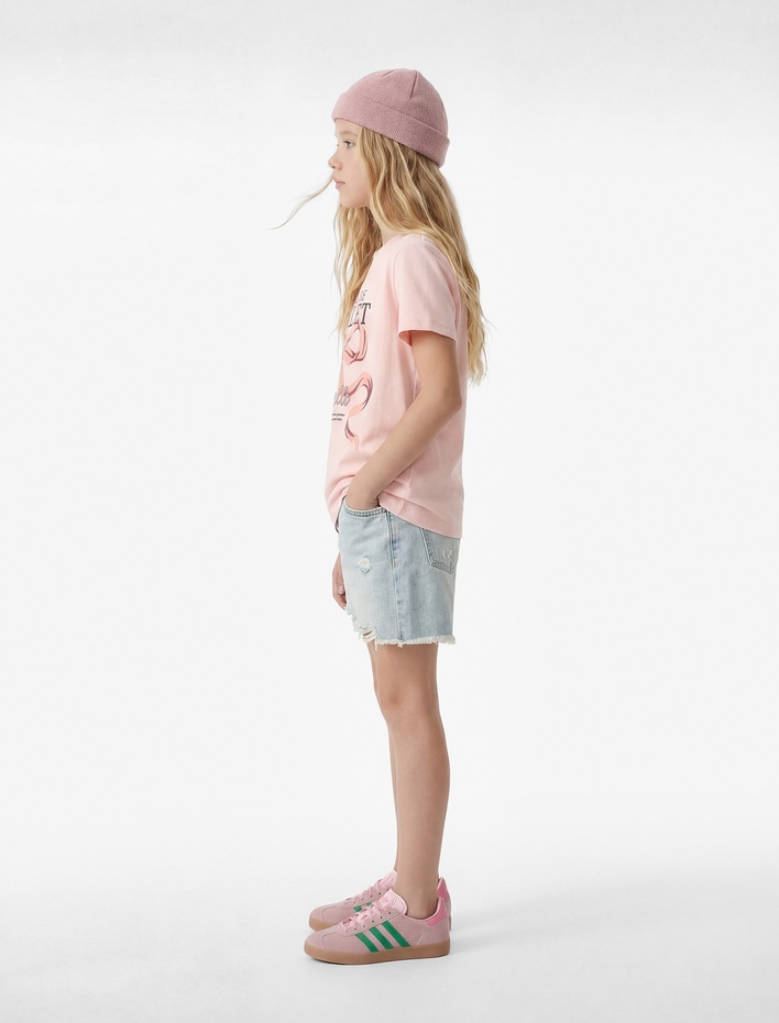 Kız Çocuk Sim Detaylı Fiyonk Baskılı Kısa Kollu Bisiklet Yaka Pamuklu Tişört