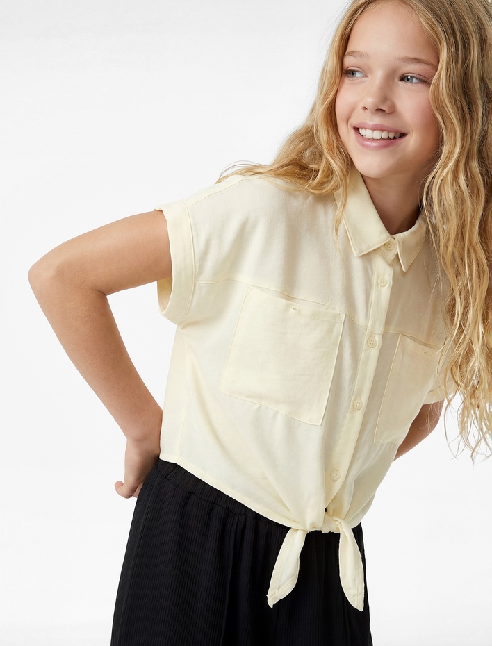 Kız Çocuk Bağlama Detaylı Düğmeli Kısa Kollu Crop Gömlek