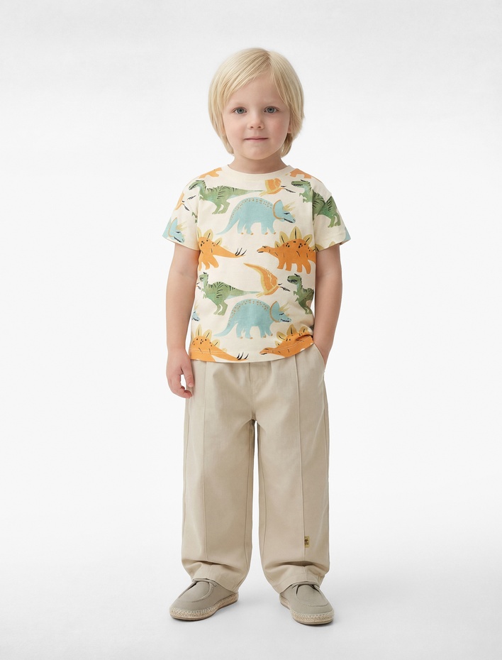 Erkek Bebek Dinozor Baskılı Bisiklet Yaka Kısa Kollu Pamuklu Tişört