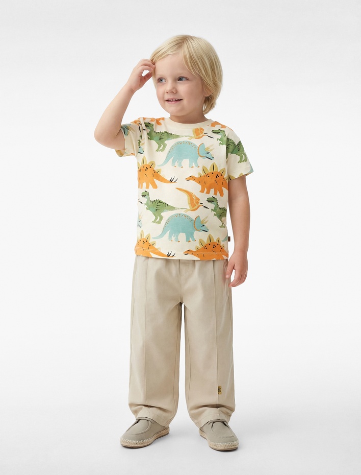 Erkek Bebek Dinozor Baskılı Bisiklet Yaka Kısa Kollu Pamuklu Tişört