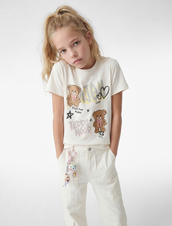 Kız Çocuk Ayıcık Baskılı Kısa Kollu Bisiklet Yaka Pamuklu Tişört