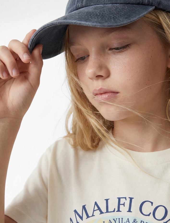 Kız Çocuk Bisiklet Yaka Kısa Kollu Pamuklu Baskılı Tişört