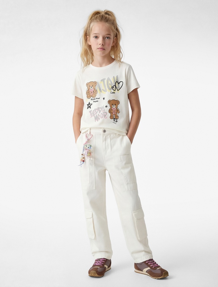 Kız Çocuk Ayıcık Baskılı Kısa Kollu Bisiklet Yaka Pamuklu Tişört