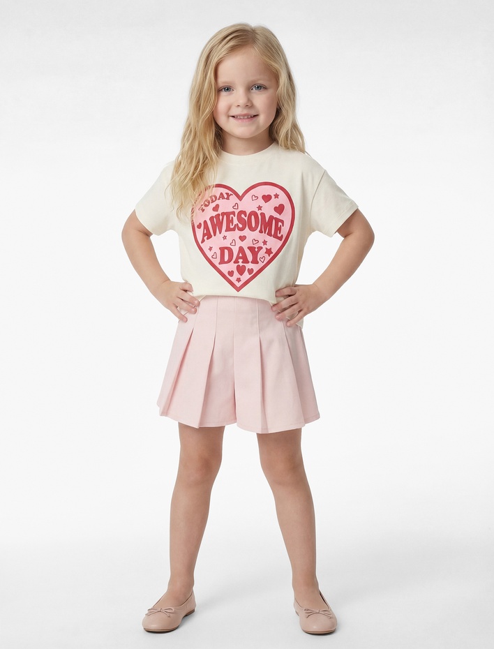 Kız Bebek Pamuklu Kısa Kollu Bisiklet Yaka Kalpli Baskılı Tişört