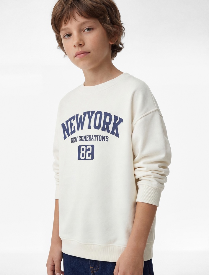 Erkek Çocuk Pamuklu Uzun Kollu Bisiklet Yaka Baskılı Sweatshirt