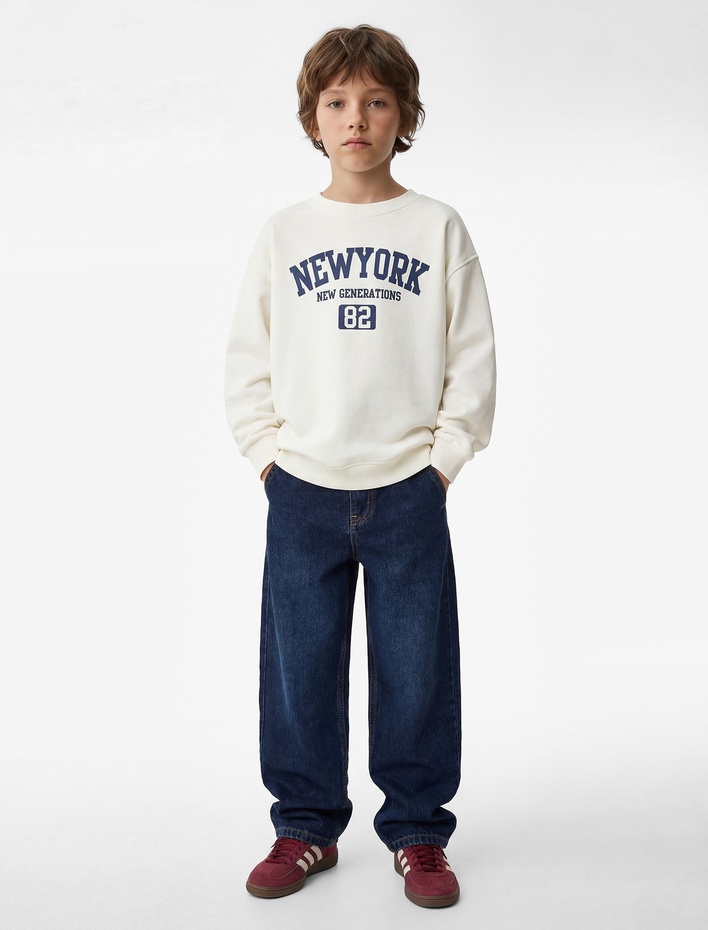 Erkek Çocuk Pamuklu Uzun Kollu Bisiklet Yaka Baskılı Sweatshirt