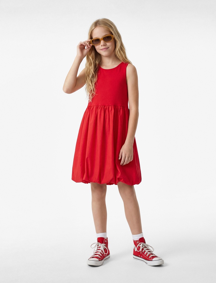 Kız Çocuk Pamuklu Kolsuz Bisiklet Yaka Pileli Balon Elbise