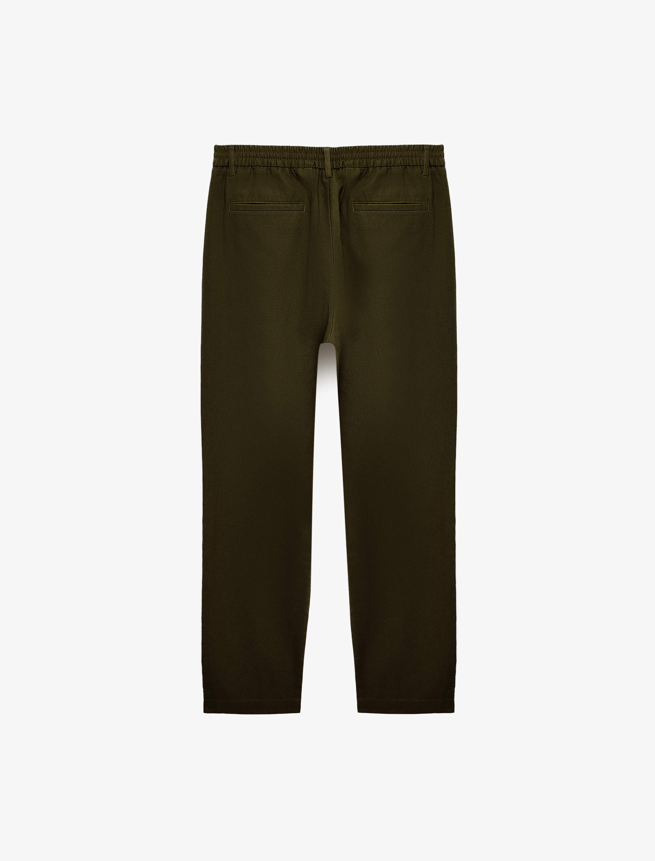   Regular Fit Beli Lastikli Düğmeli Düz Paça Keten Karışımlı Chino Pantolon