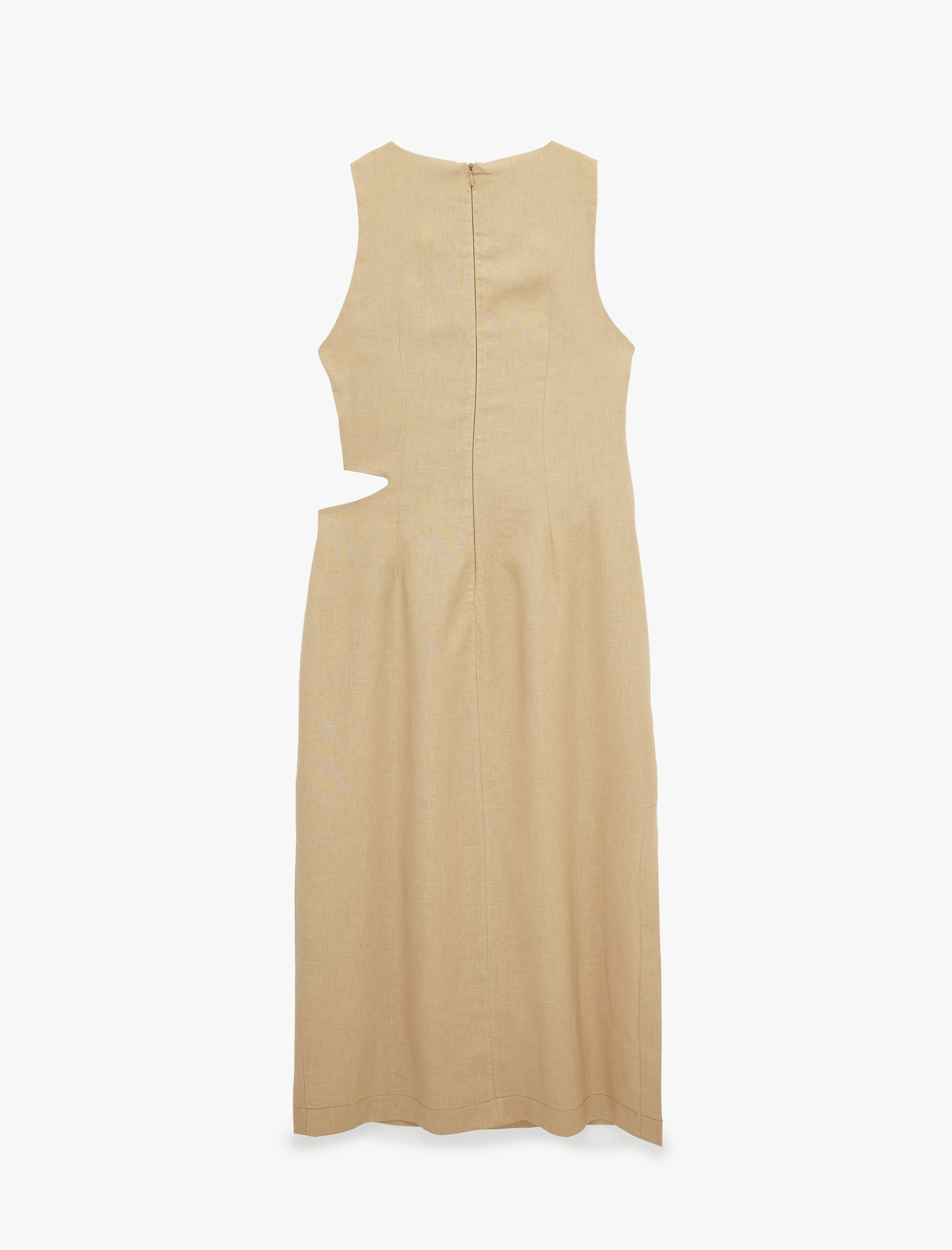 Yırtmaçlı Kolsuz Yuvarlak Yaka Pencere ve Düğüm Detaylı Keten Elbise - Görsel 2