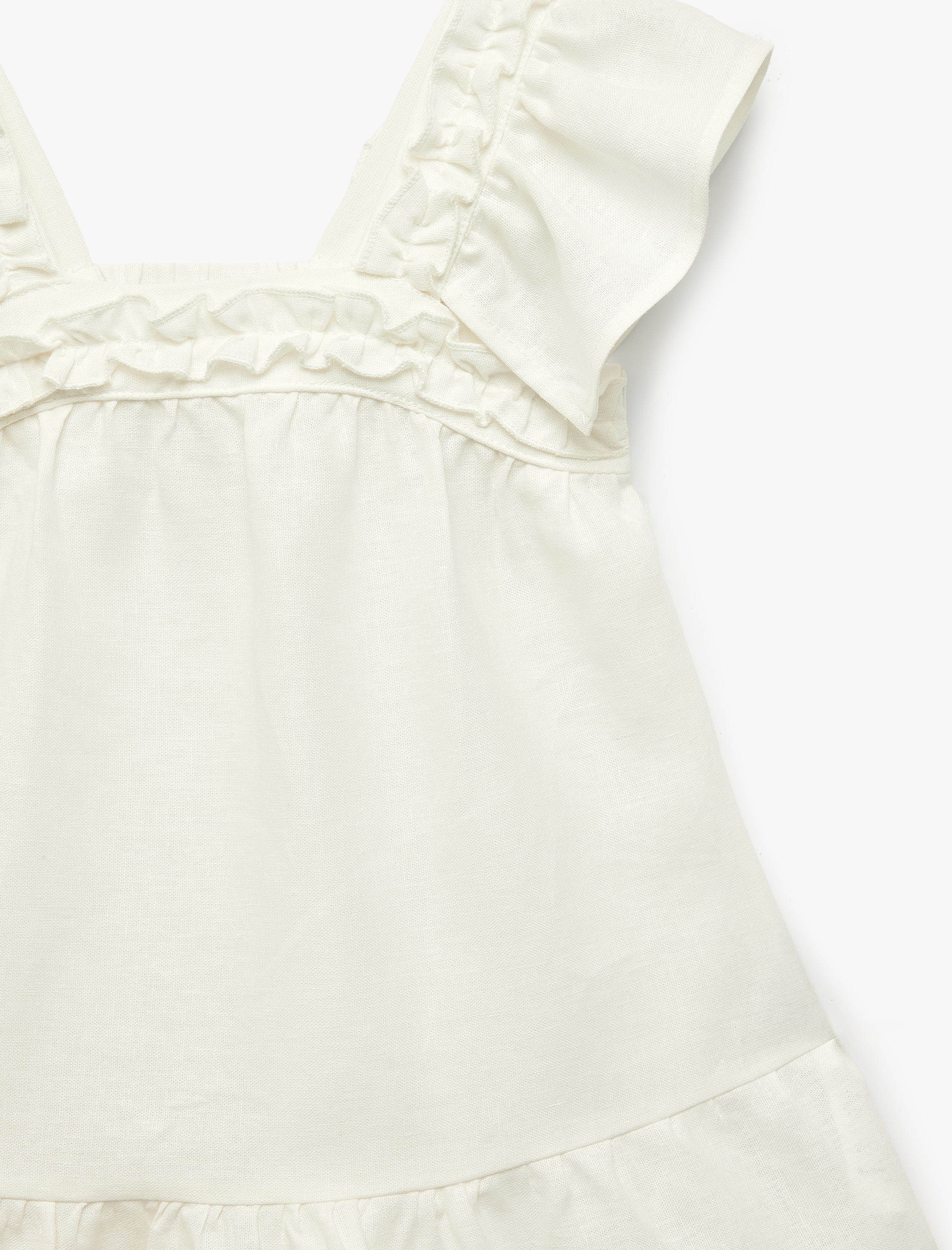  Kız Bebek Kare Yaka Kolsuz Fırfır Detaylı Keten ve Viskon Karışımlı Askılı Elbise