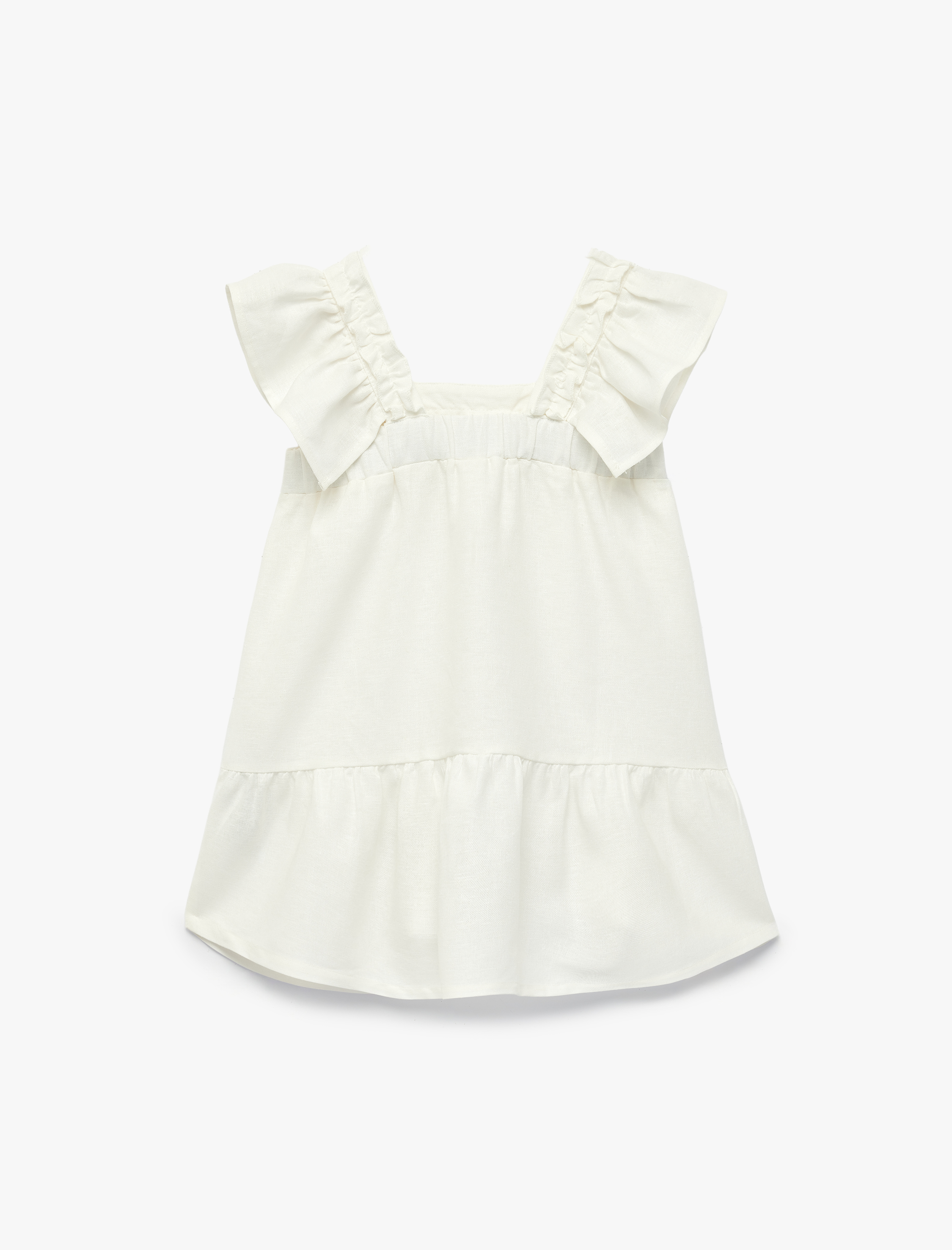  Kız Bebek Kare Yaka Kolsuz Fırfır Detaylı Keten ve Viskon Karışımlı Askılı Elbise