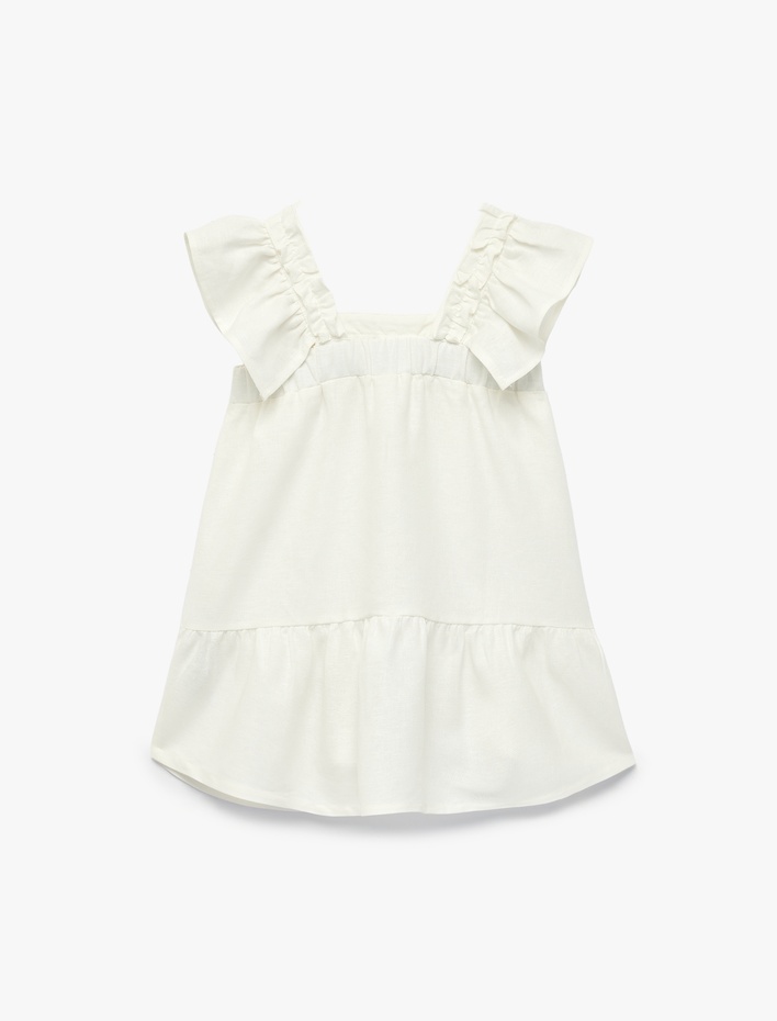 Kız Bebek Kare Yaka Kolsuz Fırfır Detaylı Keten ve Viskon Karışımlı Askılı Elbise