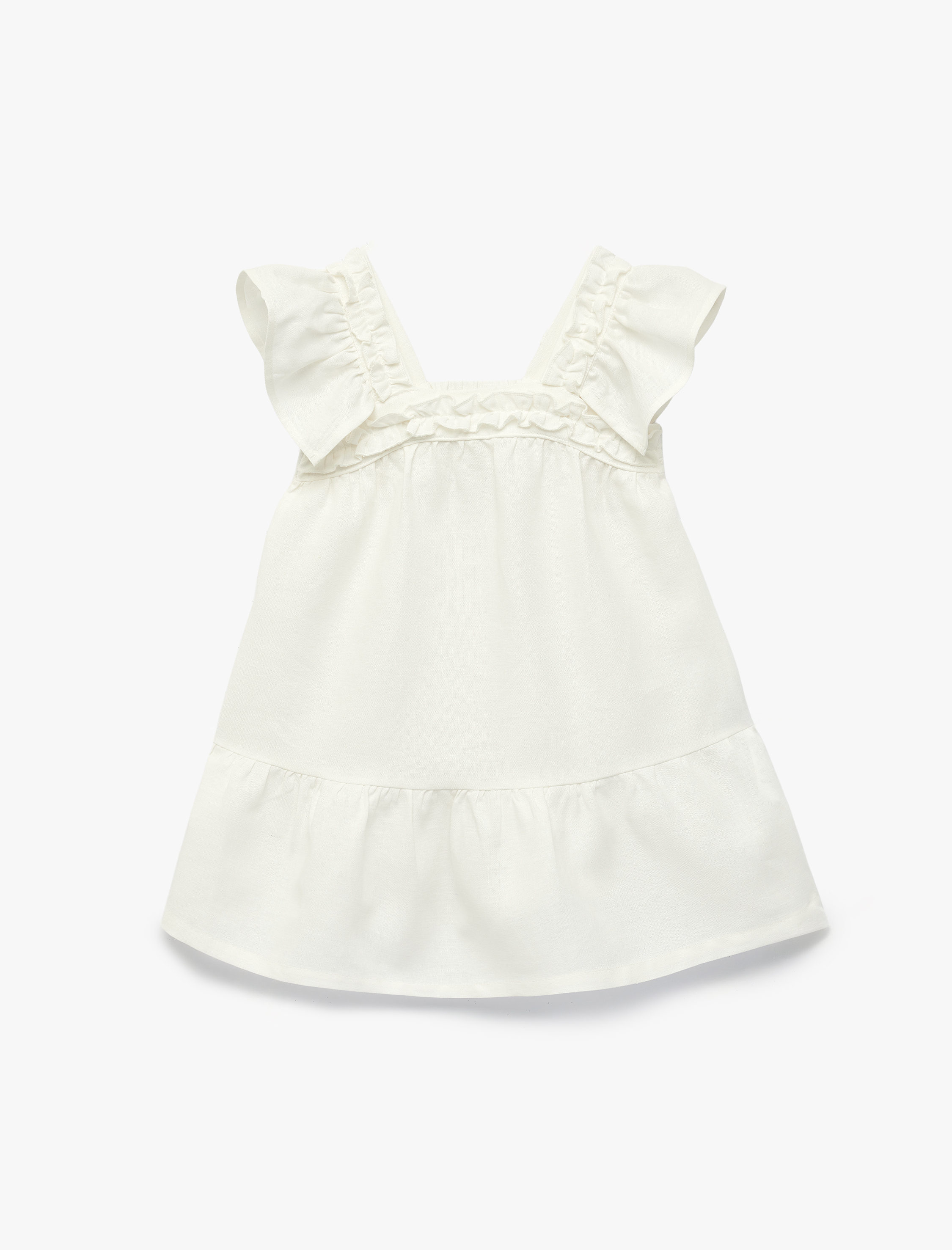  Kız Bebek Kare Yaka Kolsuz Fırfır Detaylı Keten ve Viskon Karışımlı Askılı Elbise